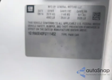 2015 Chevrolet Volt из США, поврежденный, VIN 1G1RA6E40FU111452